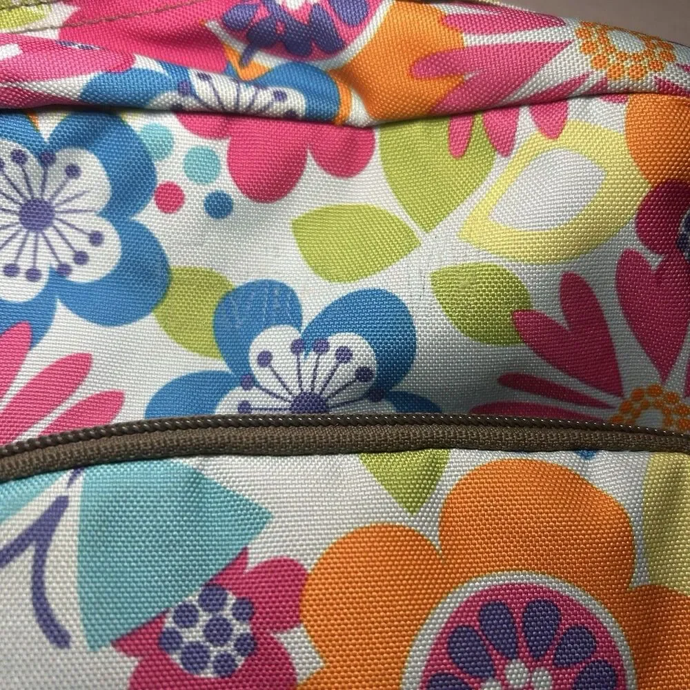 L.L.Bean multicolor floral backpack, vibrant retro flower, silver reflective